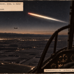 Illustration of a long reddish-white flame streaking southwest across the night sky over eastern Colorado as seen from a T-6 cockpit, January 18, 1950