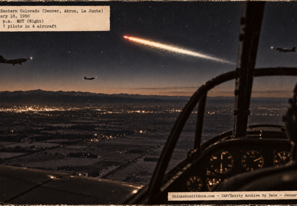 Illustration of a long reddish-white flame streaking southwest across the night sky over eastern Colorado as seen from a T-6 cockpit, January 18, 1950