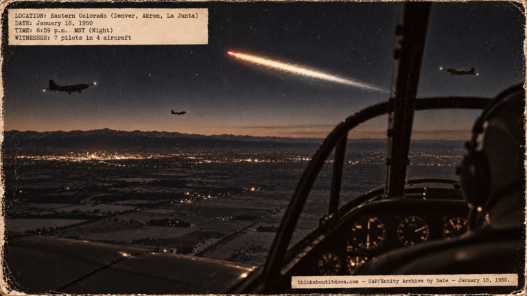 Illustration of a long reddish-white flame streaking southwest across the night sky over eastern Colorado as seen from a T-6 cockpit, January 18, 1950