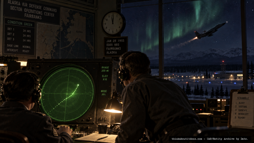 Illustration of the 1955 Fairbanks, Alaska Air Defense Command radar intercept of an unidentified target with quadrupling speed readings
