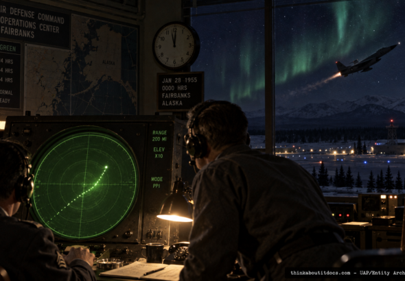 Illustration of the 1955 Fairbanks, Alaska Air Defense Command radar intercept of an unidentified target with quadrupling speed readings