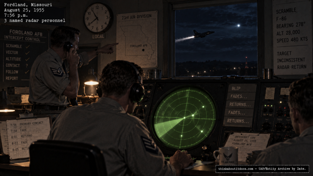 Illustration of the 1955 Fordland Missouri radar chase in which a UFO repeatedly evaded a pursuing fighter for nearly an hour
