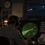 Illustration of the 1955 Fordland Missouri radar chase in which a UFO repeatedly evaded a pursuing fighter for nearly an hour