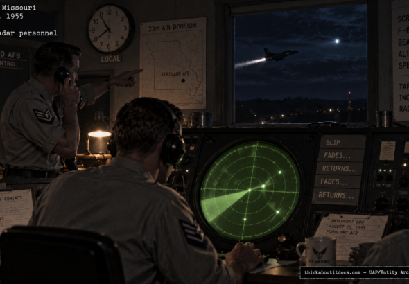 Illustration of the 1955 Fordland Missouri radar chase in which a UFO repeatedly evaded a pursuing fighter for nearly an hour