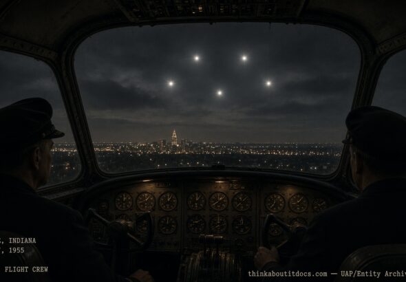Illustration of the 1955 Fort Wayne Indiana American Airlines sighting of five stationary star-like objects