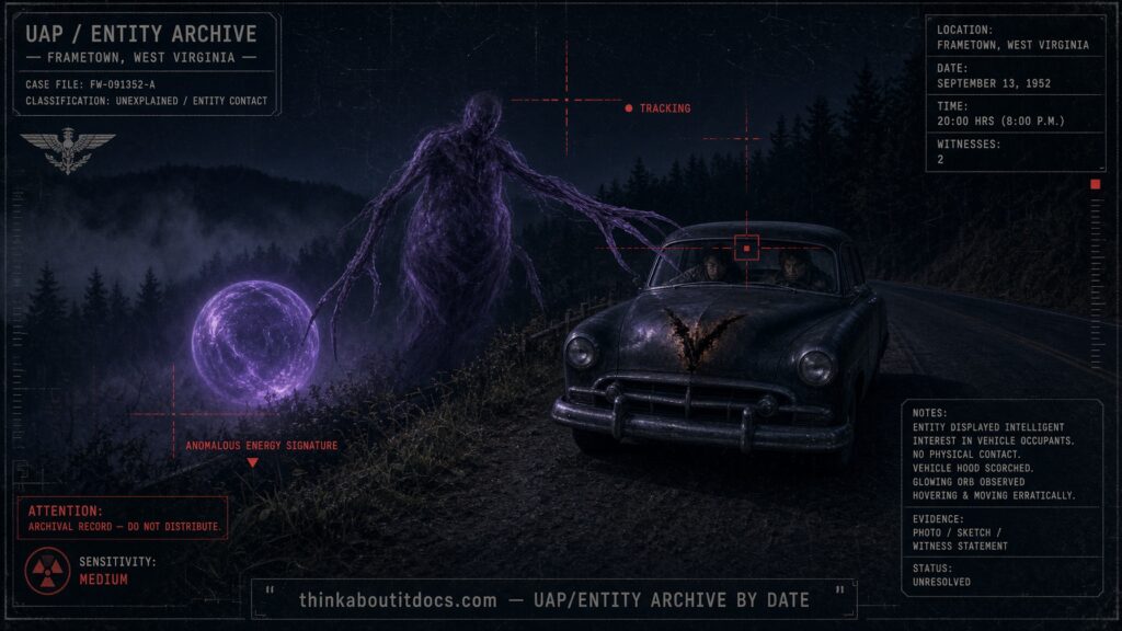 Archival-style illustration of the 1952 Frametown, West Virginia case, showing a tall spindly-armed entity gliding toward a stalled car beside a glowing violet globe