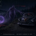 Archival-style illustration of the 1952 Frametown, West Virginia case, showing a tall spindly-armed entity gliding toward a stalled car beside a glowing violet globe