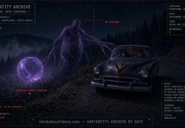 Archival-style illustration of the 1952 Frametown, West Virginia case, showing a tall spindly-armed entity gliding toward a stalled car beside a glowing violet globe