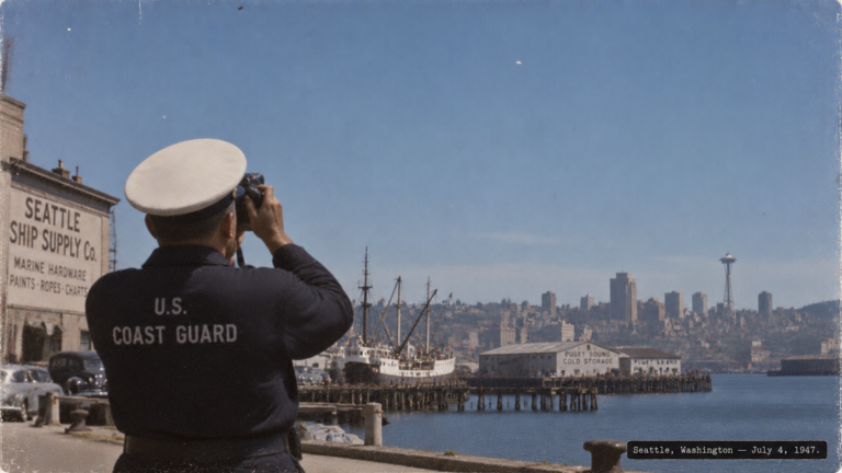 Illustration of Coast Guard yeoman Frank Ryman photographing a circular object over Seattle, Washington, July 4, 1947