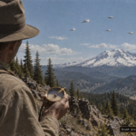 Illustration of prospector Fred Johnson watching discs cross Mount Adams while his compass spins wildly, June 24, 1947