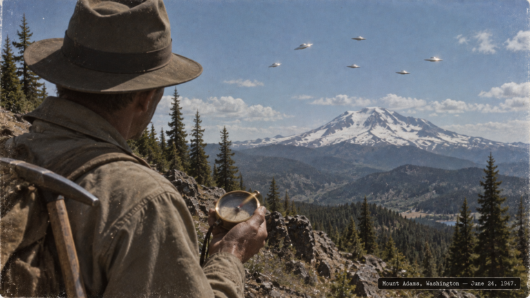 Illustration of prospector Fred Johnson watching discs cross Mount Adams while his compass spins wildly, June 24, 1947
