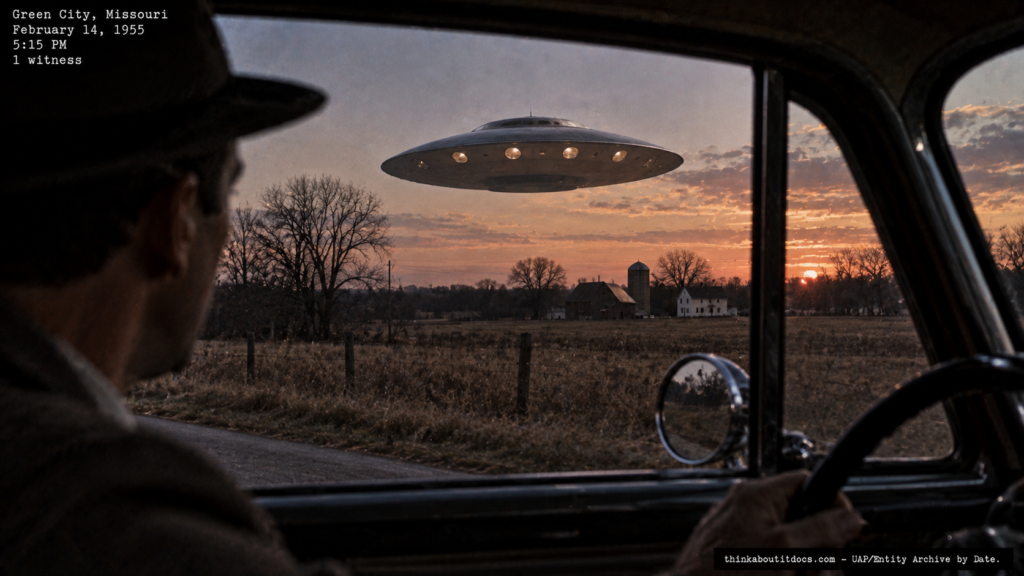 Illustration of the 1955 Green City Missouri windowed disc sighting that the Air Force never investigated