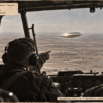 Illustration of a bright silver football-shaped object with a red nose seen below a C-47 over Kansas farmland, January 6, 1950