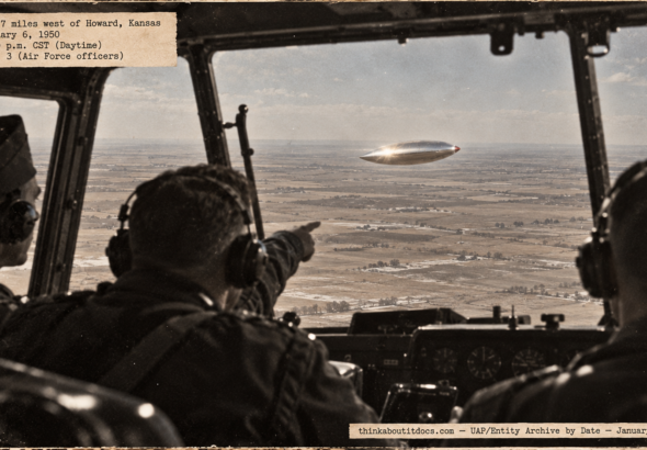 Illustration of a bright silver football-shaped object with a red nose seen below a C-47 over Kansas farmland, January 6, 1950