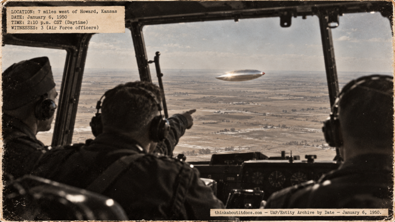 Illustration of a bright silver football-shaped object with a red nose seen below a C-47 over Kansas farmland, January 6, 1950