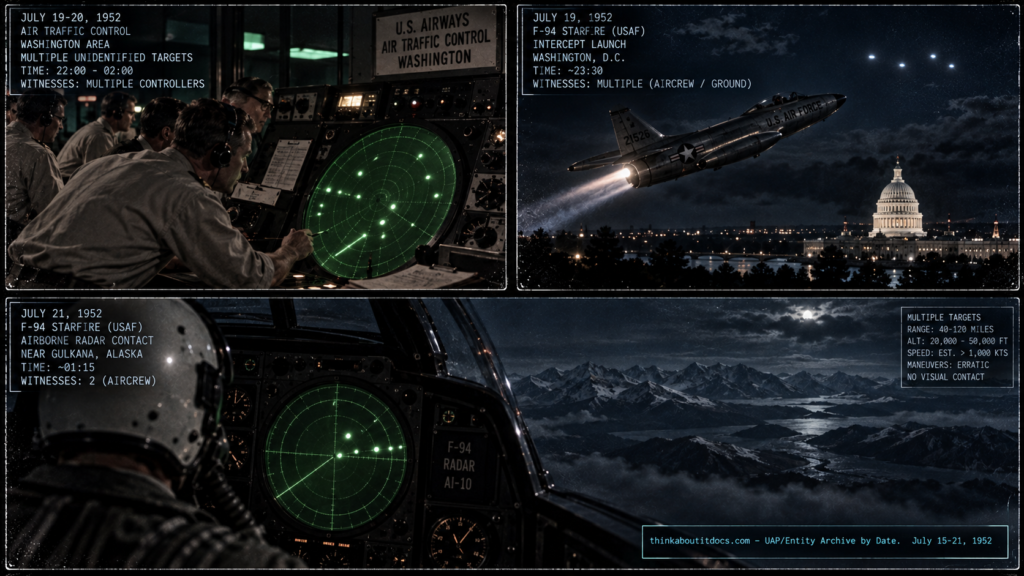 Illustrated collage of the third week of July 1952 UFO cases including the Washington National Airport radar flap and the Beluga Lake Alaska F-94 intercept