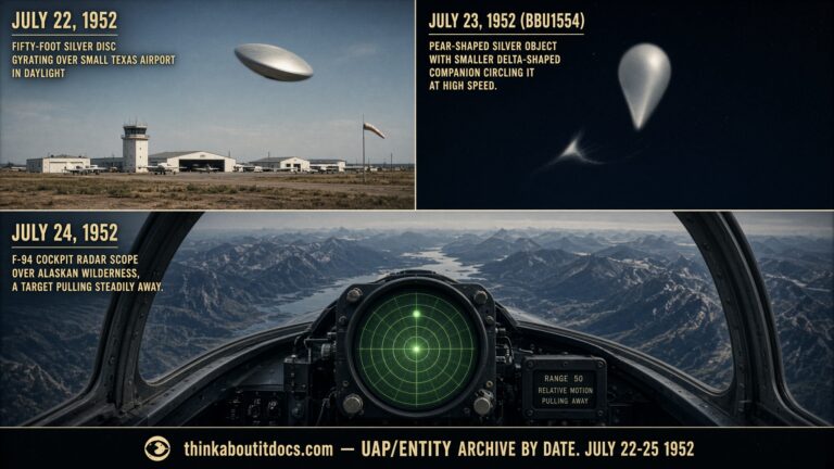 Illustrated collage of the peak week of the 1952 UFO flap including the Uvalde Texas Blue Book Unknown and the Pottstown Pennsylvania case