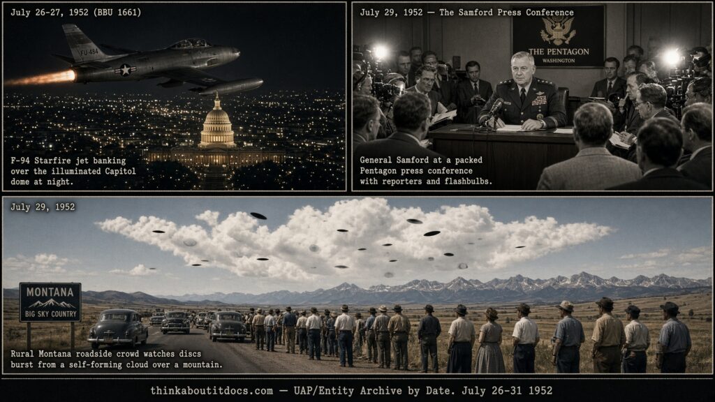 Illustrated collage of the final week of July 1952 UFO cases including the second Washington weekend flap, the Samford press conference, and the Ennis Montana case