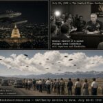 Illustrated collage of the final week of July 1952 UFO cases including the second Washington weekend flap, the Samford press conference, and the Ennis Montana case
