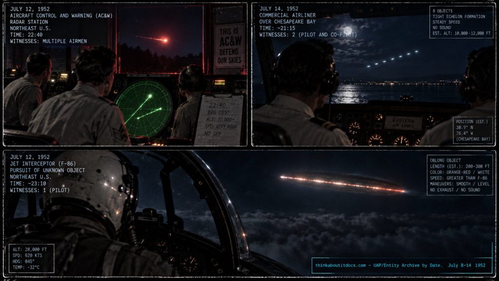 Illustrated collage of the second week of July 1952 UFO cases including the Belleville Illinois radar-fireball case and the Nash-Fortenberry sighting