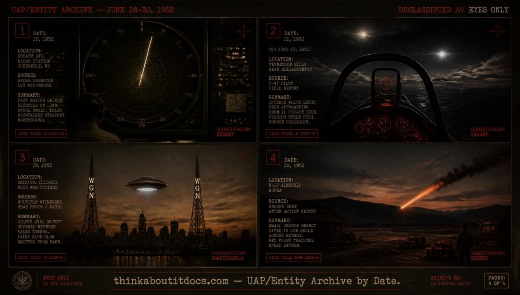 Collage of late June 1952 UFO sightings including the Kirksville Missouri radar track and the O'Hare Airport hover case