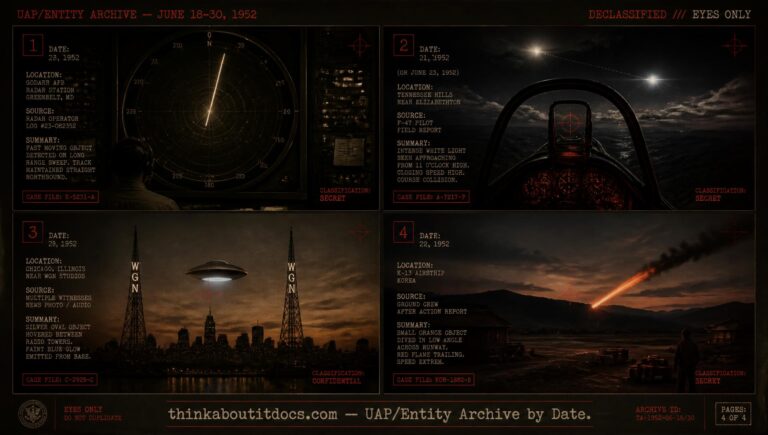 Collage of late June 1952 UFO sightings including the Kirksville Missouri radar track and the O'Hare Airport hover case