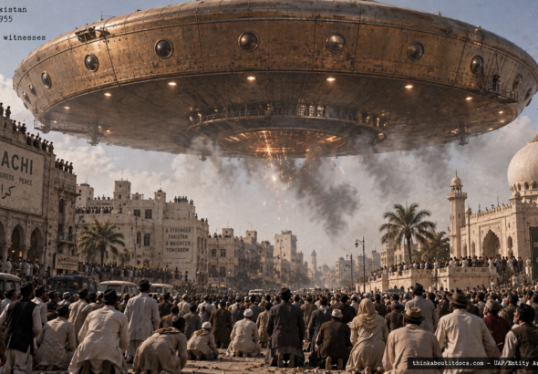 Illustration of the 1955 Karachi Pakistan mass UFO sighting witnessed by thousands including British airman John Parker