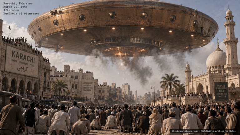 Illustration of the 1955 Karachi Pakistan mass UFO sighting witnessed by thousands including British airman John Parker