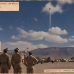 Illustration of four airmen on the Kirtland AFB ramp watching three tumbling silver-and-dark objects in the sky on March 17, 1950