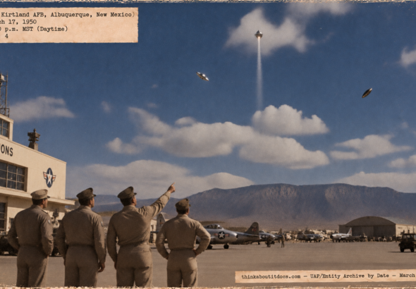 Illustration of four airmen on the Kirtland AFB ramp watching three tumbling silver-and-dark objects in the sky on March 17, 1950