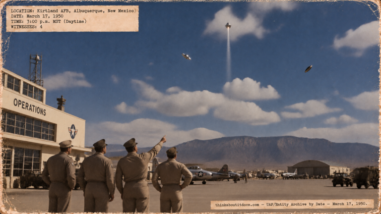 Illustration of four airmen on the Kirtland AFB ramp watching three tumbling silver-and-dark objects in the sky on March 17, 1950