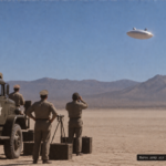 Illustration of a silvery oscillating object drifting over Rogers Dry Lake at Muroc Army Air Field, July 8, 1947