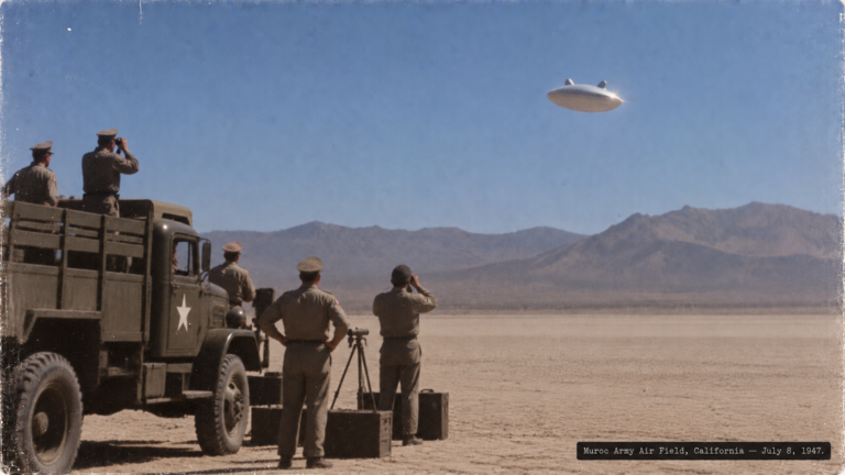 Illustration of a silvery oscillating object drifting over Rogers Dry Lake at Muroc Army Air Field, July 8, 1947