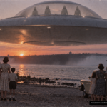 Illustration of the 1955 Niagara Falls New York UFO landing on Lake Ontario with vehicle interference and visible occupants