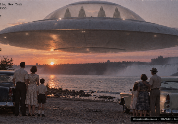 Illustration of the 1955 Niagara Falls New York UFO landing on Lake Ontario with vehicle interference and visible occupants