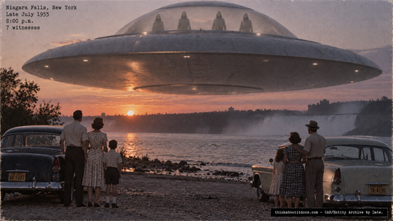 Illustration of the 1955 Niagara Falls New York UFO landing on Lake Ontario with vehicle interference and visible occupants