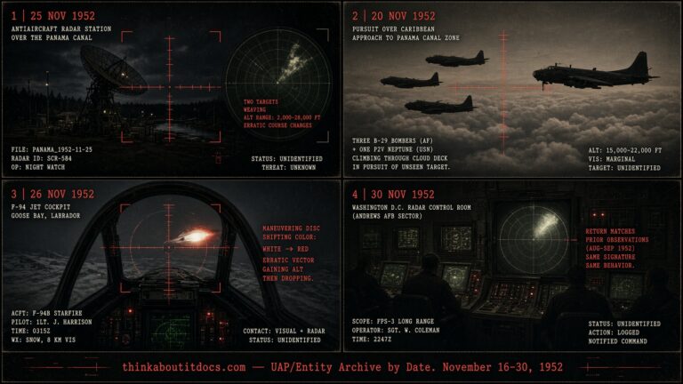 Collage of late November 1952 UFO sightings including the Panama Canal radar case and the Goose Bay Labrador F-94 pursuit