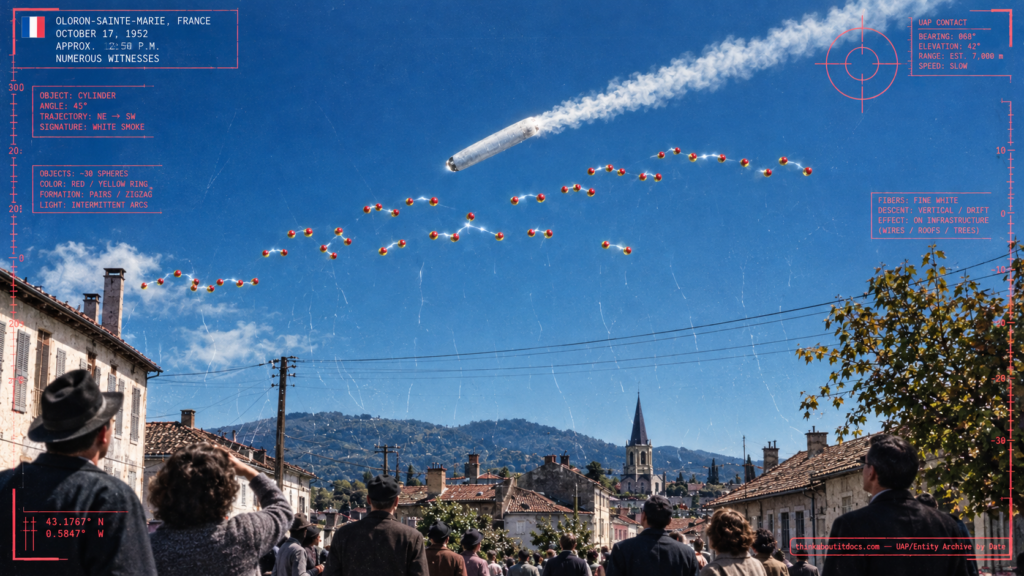 Archival-style illustration of the 1952 Oloron, France angel hair UFO case, showing a large tilted cylinder and dozens of red spheres over the town with falling white fibers
