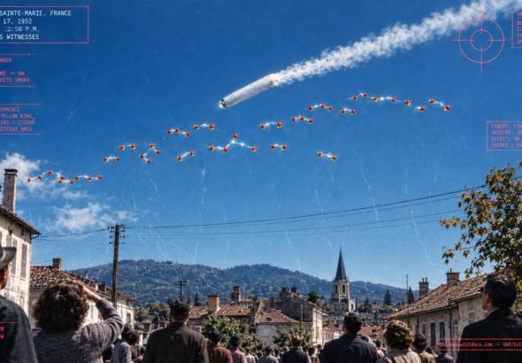 Archival-style illustration of the 1952 Oloron, France angel hair UFO case, showing a large tilted cylinder and dozens of red spheres over the town with falling white fibers