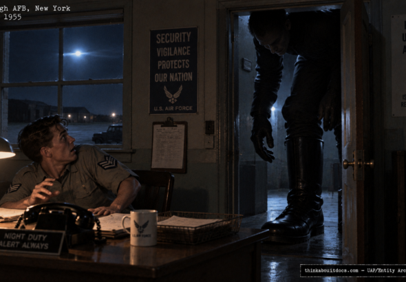 Illustration of the 1955 Plattsburgh Air Force Base encounter with a towering humanoid entity, documented in FBI files