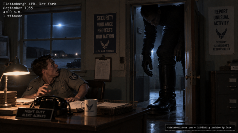 Illustration of the 1955 Plattsburgh Air Force Base encounter with a towering humanoid entity, documented in FBI files