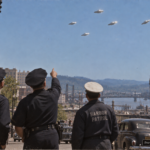 Illustration of police officers watching five metallic discs over downtown Portland, Oregon, July 4, 1947