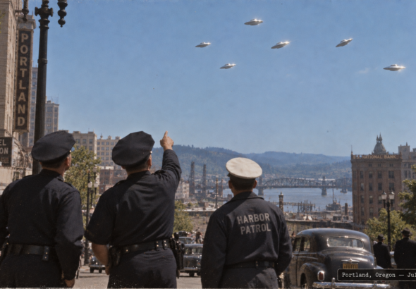 Illustration of police officers watching five metallic discs over downtown Portland, Oregon, July 4, 1947