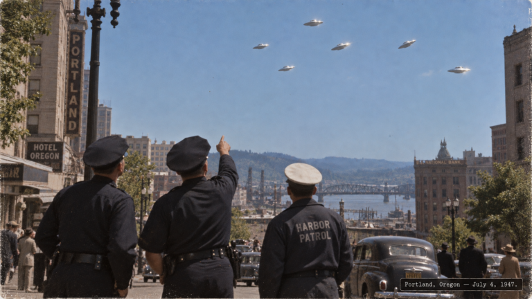 Illustration of police officers watching five metallic discs over downtown Portland, Oregon, July 4, 1947
