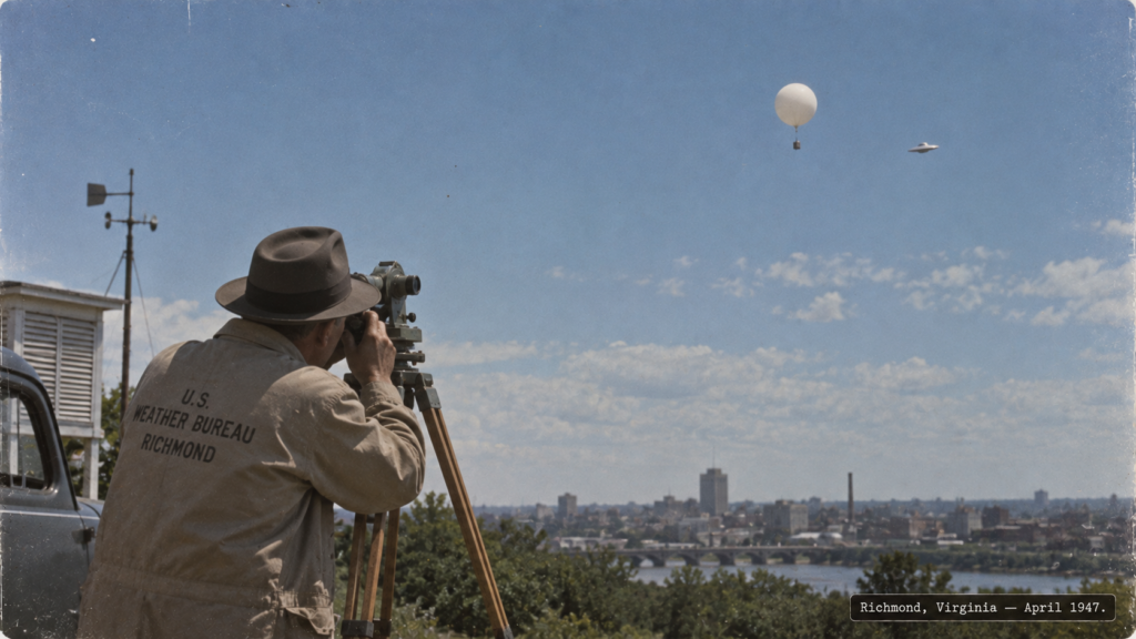 Illustration of a Weather Bureau meteorologist tracking a silvery disc alongside a weather balloon through a theodolite, Richmond, Virginia, April 1947