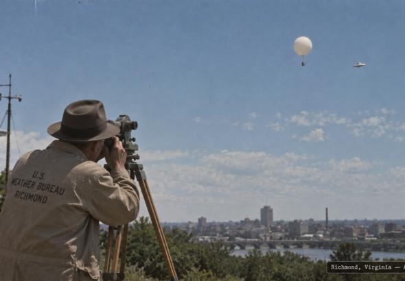 Illustration of a Weather Bureau meteorologist tracking a silvery disc alongside a weather balloon through a theodolite, Richmond, Virginia, April 1947