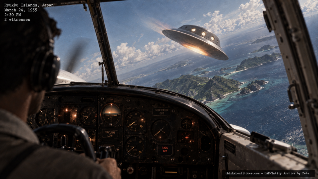 Illustration of the 1955 Ryukyu Islands UFO encounter causing Beechcraft instrument failure and a jet scramble from Kadena AFB