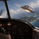 Illustration of the 1955 Ryukyu Islands UFO encounter causing Beechcraft instrument failure and a jet scramble from Kadena AFB
