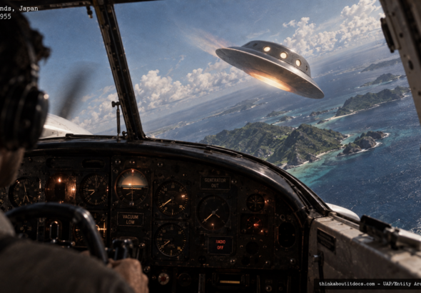 Illustration of the 1955 Ryukyu Islands UFO encounter causing Beechcraft instrument failure and a jet scramble from Kadena AFB
