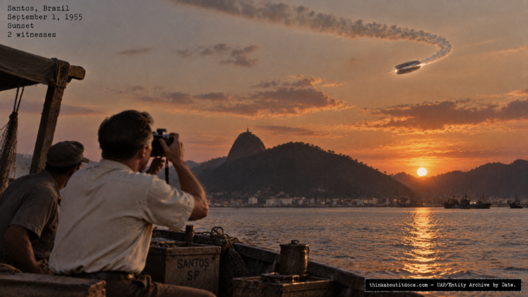 Illustration of the 1955 Santos Brazil UFO sighting photographed by Dr. Achilles Greco near the naval base and later examined by military photo-analysts